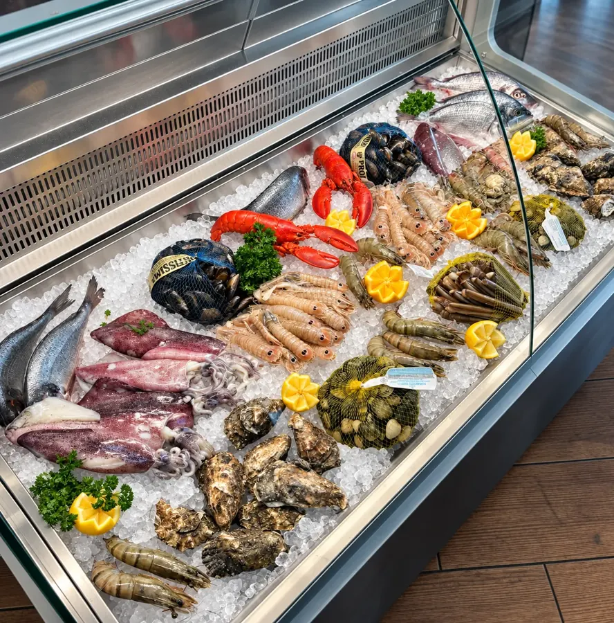 Frischer Fisch und Meeresfrüchte aus der Frischetheke des Ristorante Waldblick