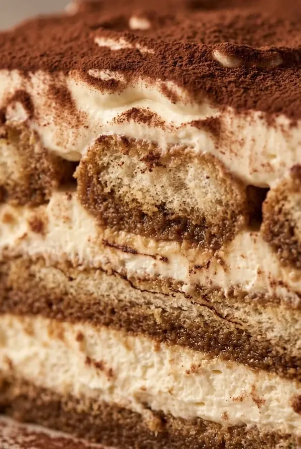 Hausgemachtes Tiramisù mit Kakao, Schichten aus Mascarpone und Espresso-Löffelbiskuit